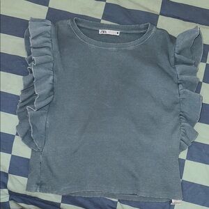 Zara Washed Blue Ruffle Sleeve Top